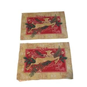 Christmas Holiday Tapestry Placemats Set of 2 Reindeer & Holly 13”x 18” Gold Red